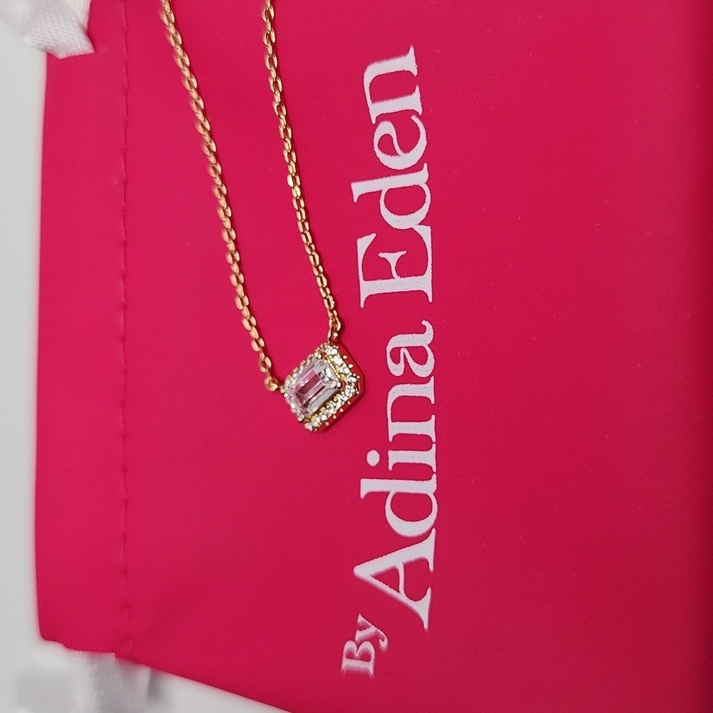 Adina Eden Pave Outlined Baguette Solitaire Pendant Necklace Gold